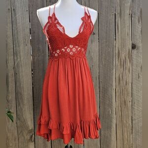 LA MIEL Red Orange Lace Crotchet Mini Dress Size Small